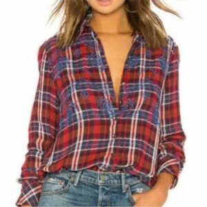 Free People Red/White w/Blue Embroidery Plaid Button Down Shirt. Size XS.
